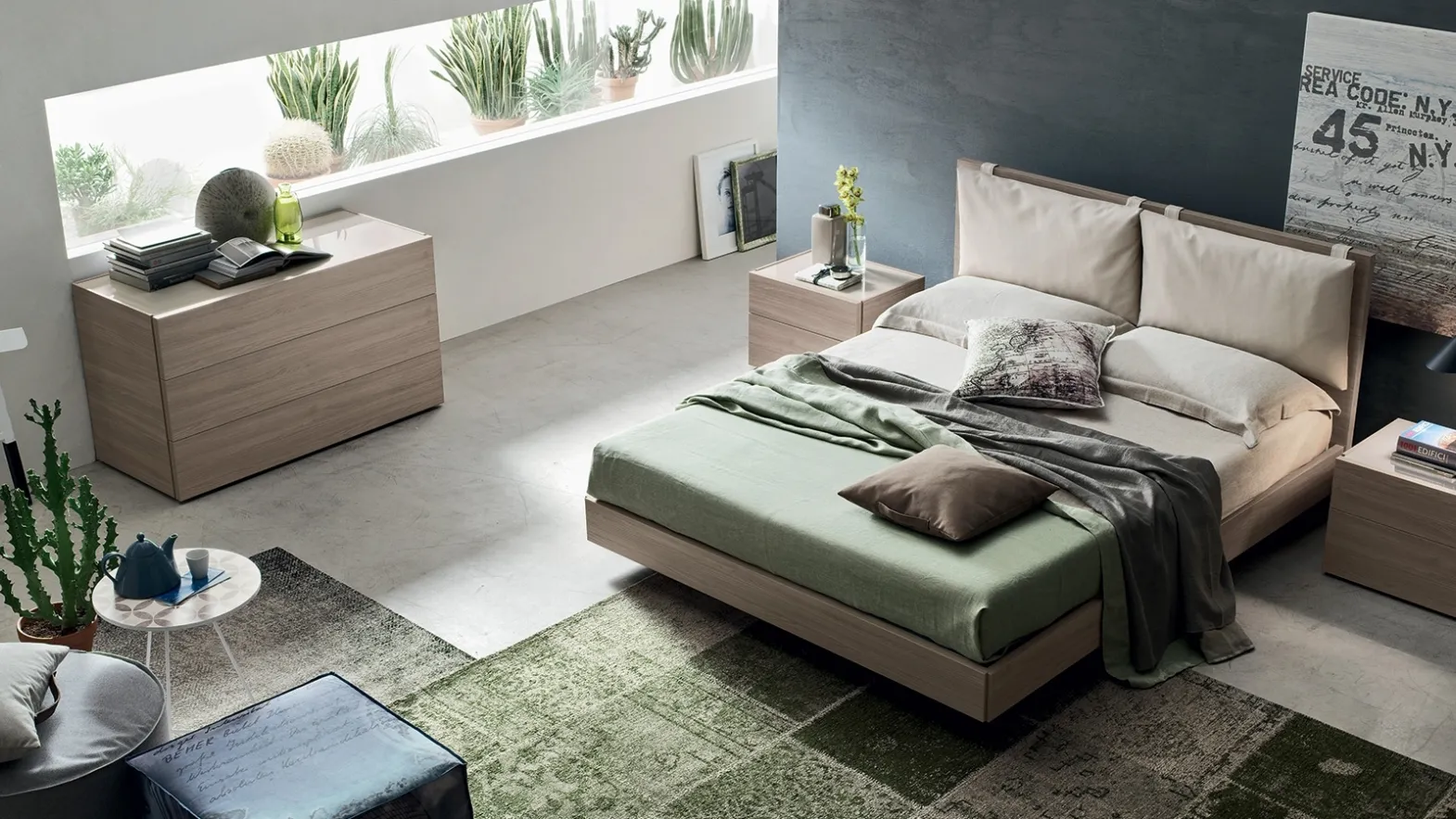 Double bed Sky in melamine with upholstered fabric headboard cushions by Maronese Acf.